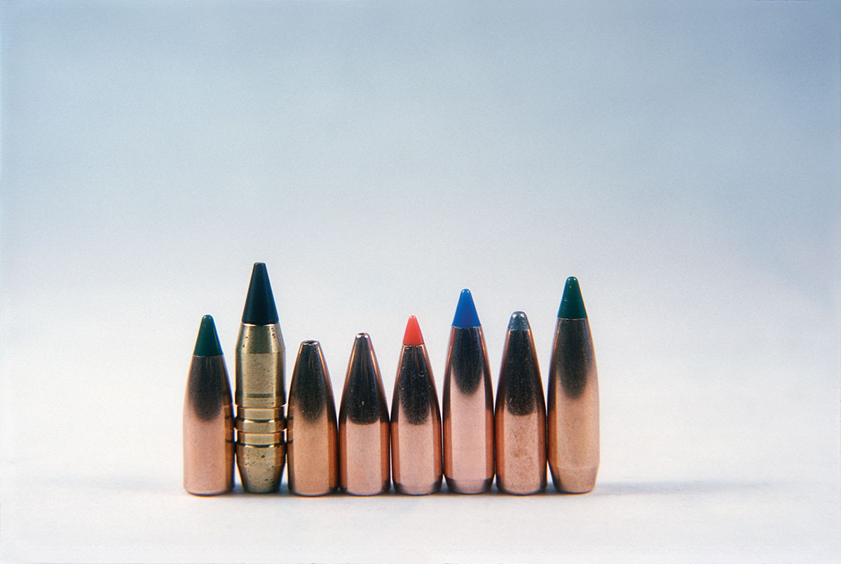 These varmint bullets were used in the 257 Roberts, from left: Sierra 70-grain BlitzKing, Cutting Edge 70-grain ESP Raptor, Sierra 75 HP, Hornady 75 HP, Hornady 75 V-MAX, Nosler 85 Ballistic Tip Varmint, Hornady 87 Spire Point and Sierra 90-grain Blitz.